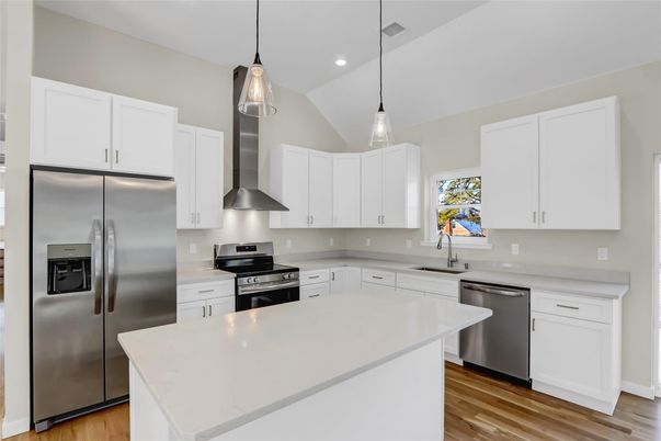 Interior, Kitchen, Pendant Lights, Recessed Lighting, Stainless Steel Appliances, Wood Texture Flooring