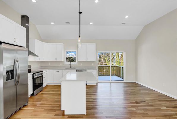 Interior, Kitchen, Pendant Lights, Recessed Lighting, Stainless Steel Appliances, Wood Texture Flooring