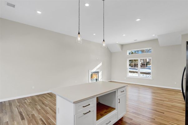 Empty room, Fireplace, Interior, Pendant Lights, Recessed Lighting, Wood Texture Flooring