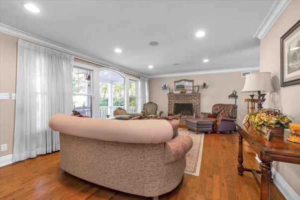 Fireplace, Interior, Living room, Recessed Lighting, Wood Texture Flooring