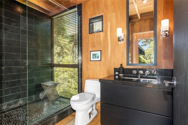 Bathroom, Glass Shower, Interior, Wooden Beams, Wooden Ceilings, Wood Texture Flooring, Wooden Walls