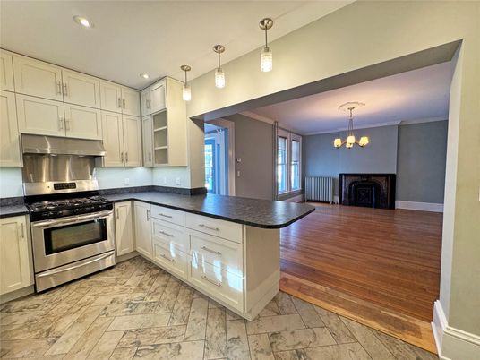 Dining room, Fireplace, Interior, Kitchen, Pendant Lights, Recessed Lighting, Stainless Steel Appliances, Wood Texture Flooring