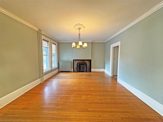 Chandelier, Empty room, Fireplace, Interior, Wood Texture Flooring