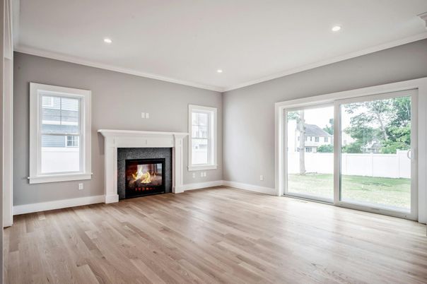 Empty room, Fireplace, Interior, Recessed Lighting, Wood Texture Flooring