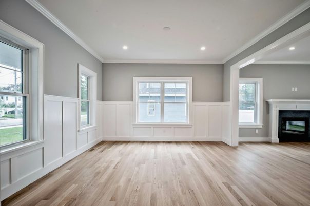 Empty room, Fireplace, Interior, Recessed Lighting, Wood Texture Flooring