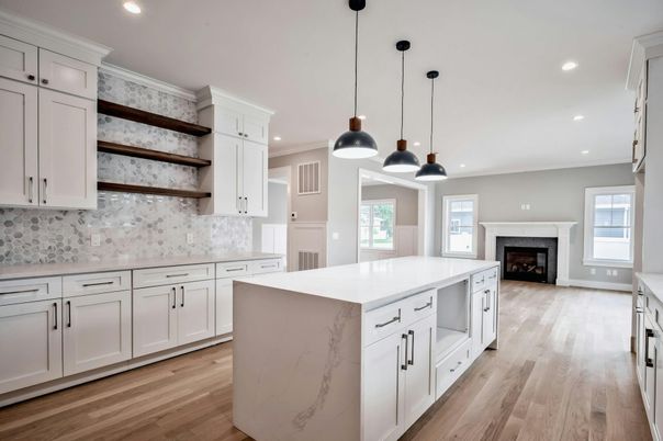Fireplace, Interior, Kitchen, Pendant Lights, Recessed Lighting, Wood Texture Flooring