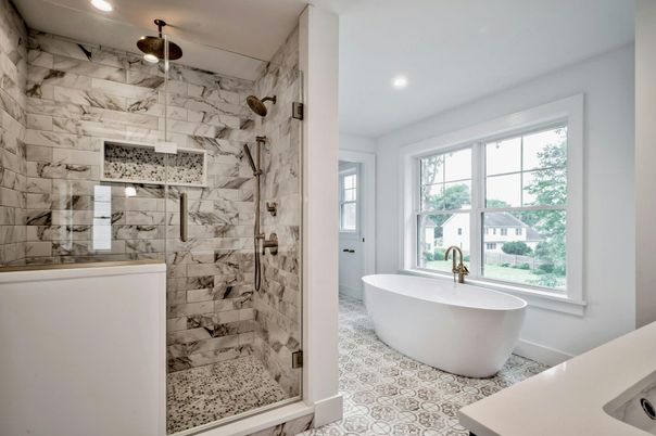 Bathroom, Free Standing Baths, Glass Shower, Interior, Marble Walls, Recessed Lighting