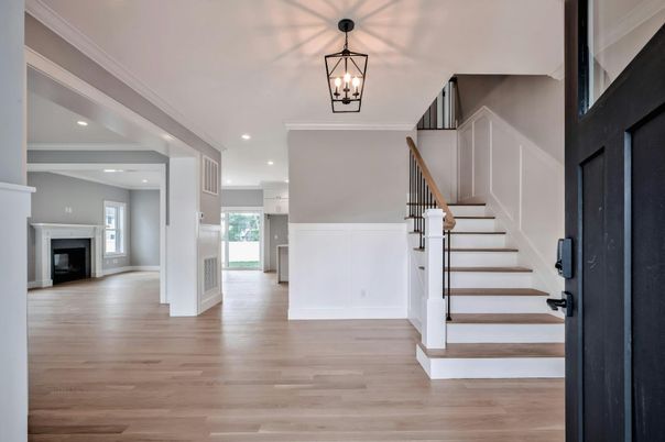 Fireplace, Interior, Pendant Lights, Recessed Lighting, Wood Texture Flooring