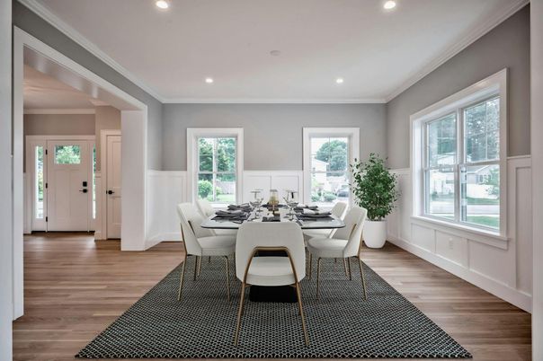 Dining room, Interior, Recessed Lighting, Wood Texture Flooring