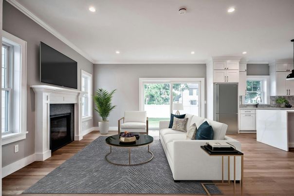 Fireplace, Interior, Kitchen, Living room, Recessed Lighting, Wood Texture Flooring
