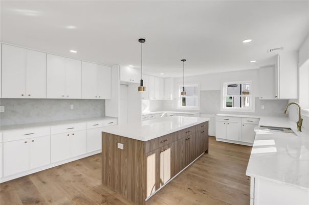 Interior, Kitchen, Pendant Lights, Recessed Lighting, Wood Texture Flooring
