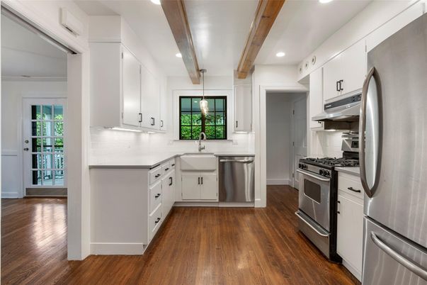 Interior, Kitchen, Pendant Lights, Recessed Lighting, Stainless Steel Appliances, Wooden Beams, Wood Texture Flooring