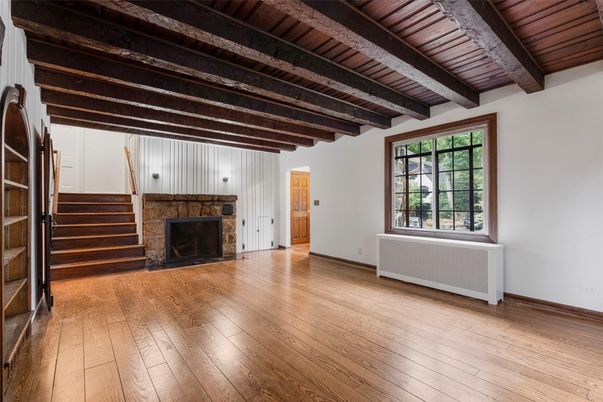 Empty room, Fireplace, Interior, Wooden Beams, Wooden Ceilings, Wood Texture Flooring