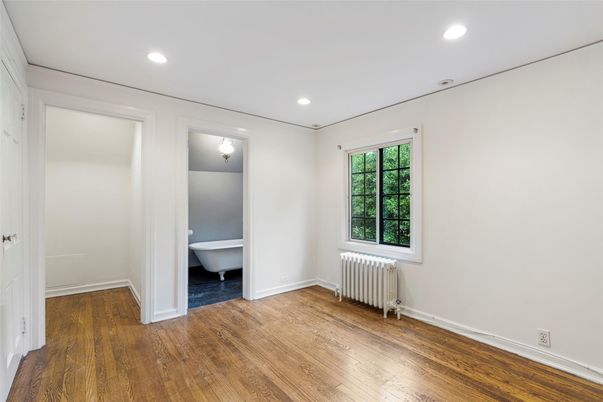 Bathroom, Empty room, Free Standing Baths, Interior, Recessed Lighting, Wood Texture Flooring