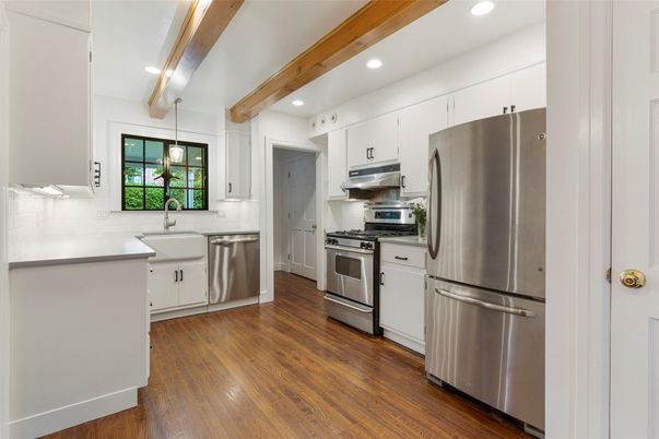 Interior, Kitchen, Recessed Lighting, Stainless Steel Appliances, Wooden Beams, Wood Texture Flooring