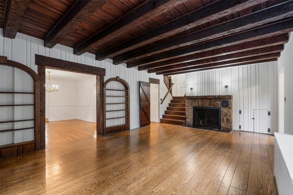 Empty room, Fireplace, Interior, Pendant Lights, Wooden Beams, Wooden Ceilings, Wood Texture Flooring