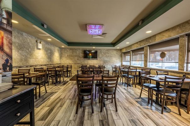 Dining room, Interior, Recessed Lighting, Stone Walls, Wood Texture Flooring