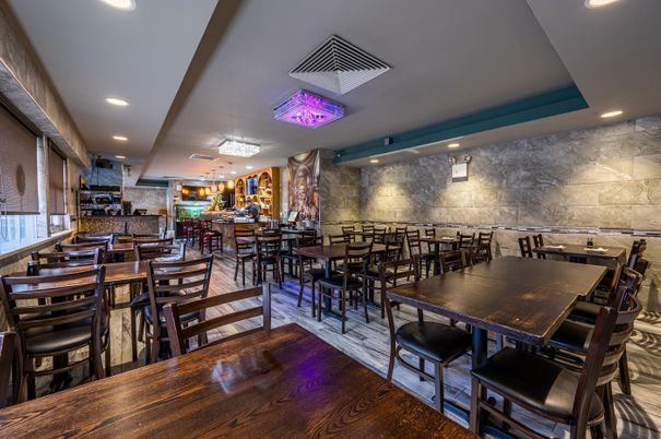 Dining room, Interior, Recessed Lighting, Stone Walls, Wood Texture Flooring