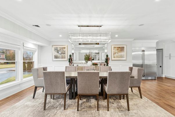 Chandelier, Dining room, Interior, Kitchen, Recessed Lighting, Stainless Steel Appliances, Wood Texture Flooring