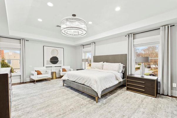 Bedroom, Chandelier, Interior, Recessed Lighting, Wood Texture Flooring