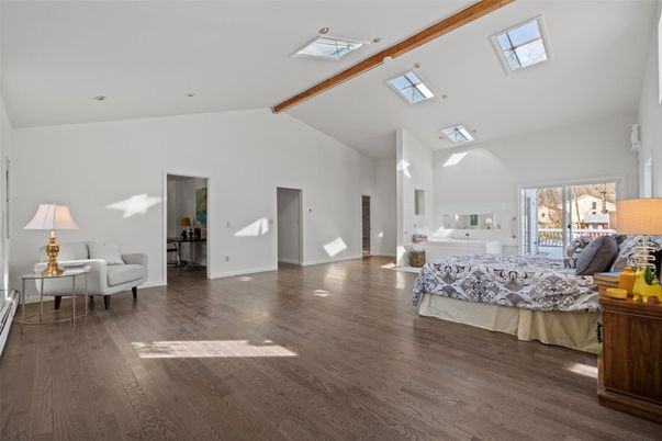 Bedroom, Interior, Recessed Lighting, Wooden Beams, Wood Texture Flooring