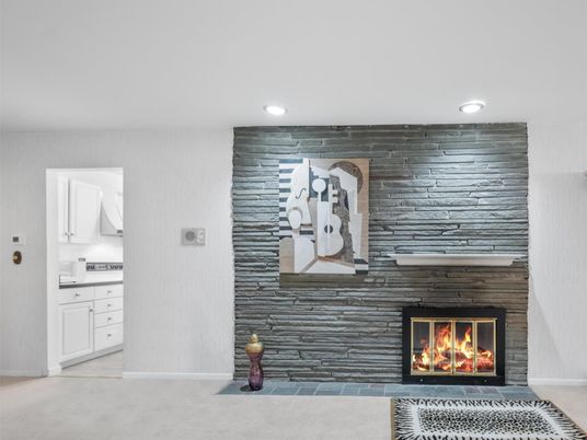 Fireplace, Interior, Recessed Lighting, Stone Walls