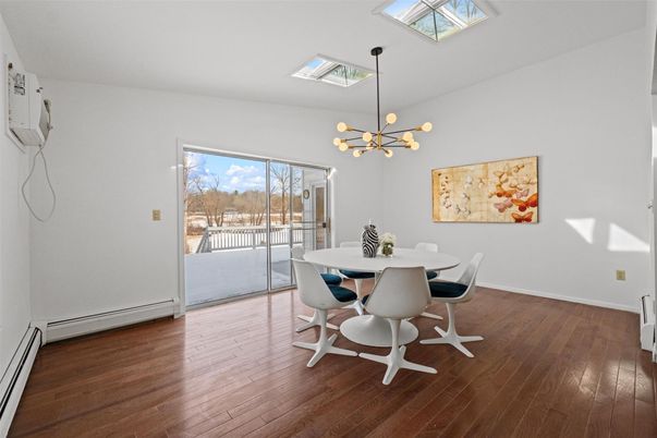 Dining room, Interior, Pendant Lights, Wood Texture Flooring