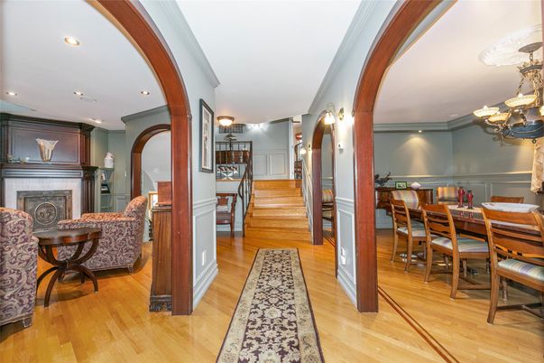 Chandelier, Dining room, Fireplace, Interior, Recessed Lighting, Wood Texture Flooring