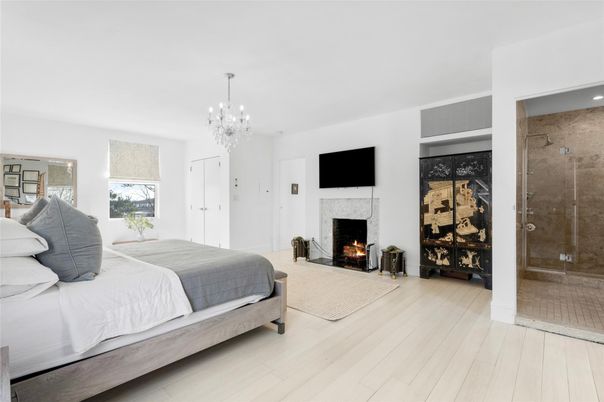 Bedroom, Chandelier, Fireplace, Interior, Wood Texture Flooring