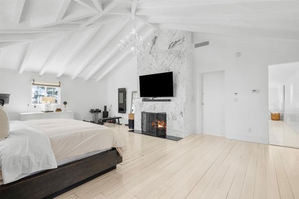 Bedroom, Fireplace, Interior, Pendant Lights, Wood Texture Flooring