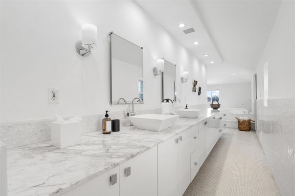 Bathroom, Dual Sink Vanities, Free Standing Baths, Interior, Marble, Recessed Lighting