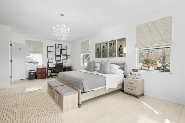 Bedroom, Chandelier, Home Office, Interior, Wood Texture Flooring
