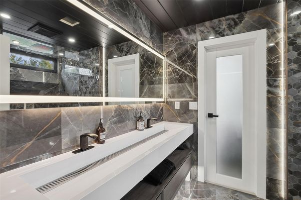 Bathroom, Glass Shower, Interior, Marble Walls, Recessed Lighting