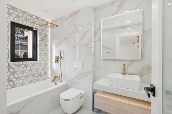 Bathroom, Interior, Marble Walls, Recessed Lighting, Wood Texture Flooring