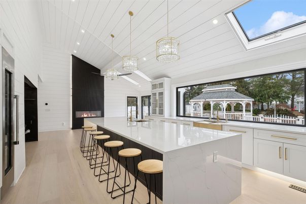 Fireplace, Glass Ceilings, Interior, Kitchen, Pendant Lights, Recessed Lighting, Wood Texture Flooring
