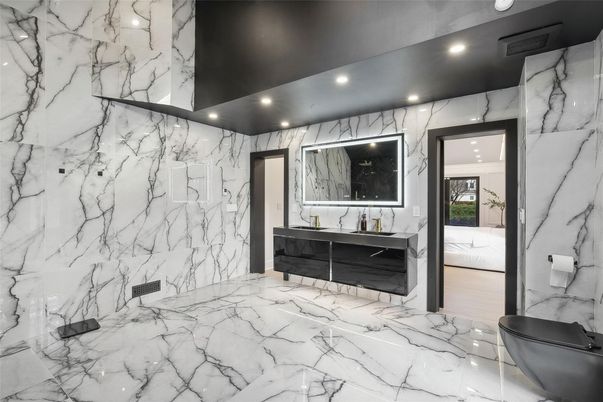 Bathroom, Dual Sink Vanities, Interior, Marble, Marble Walls, Recessed Lighting