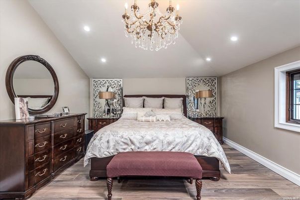 Bedroom, Chandelier, Interior, Recessed Lighting, Wood Texture Flooring