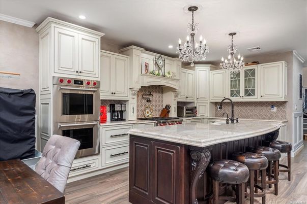 Chandelier, Interior, Kitchen, Recessed Lighting, Stainless Steel Appliances, Wood Texture Flooring