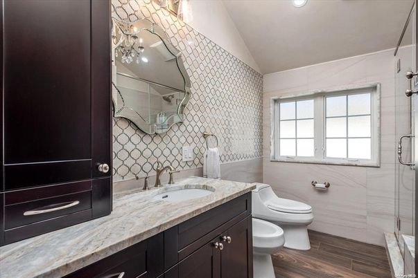 Bathroom, Glass Shower, Interior, Recessed Lighting, Wood Texture Flooring