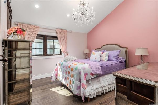 Bedroom, Chandelier, Interior, Recessed Lighting, Wood Texture Flooring