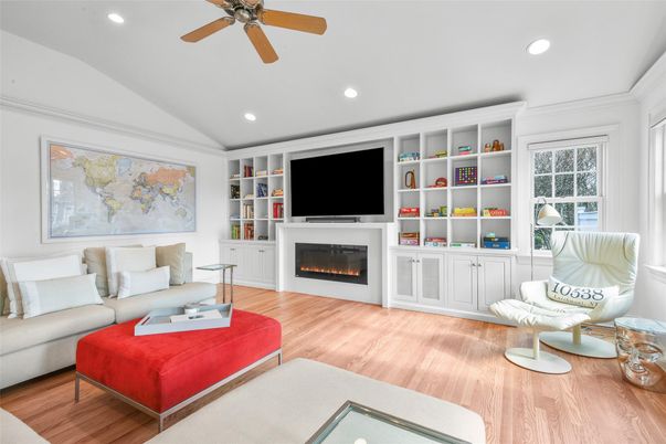 Fireplace, Interior, Living room, Recessed Lighting, Wood Texture Flooring