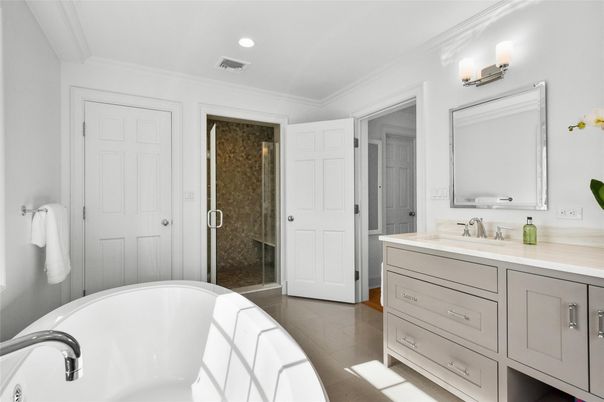 Bathroom, Dual Sink Vanities, Free Standing Baths, Glass Shower, Interior, Recessed Lighting