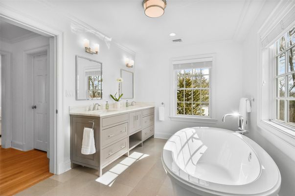 Bathroom, Dual Sink Vanities, Free Standing Baths, Interior, Recessed Lighting, Wood Texture Flooring