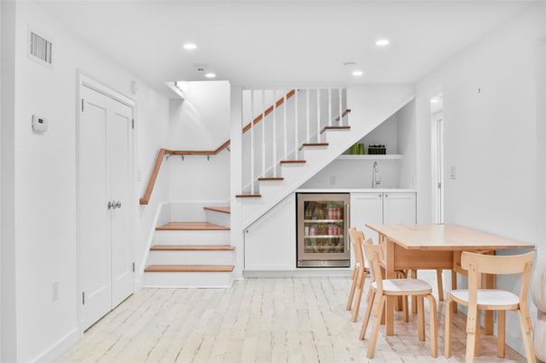 Dining room, Interior, Recessed Lighting, Wood Texture Flooring