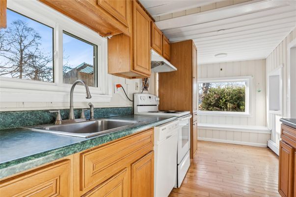 Interior, Kitchen, Tile Countertops, Wood Texture Flooring