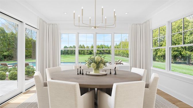 Chandelier, Dining room, Interior, Pendant Lights, Recessed Lighting, Wood Texture Flooring