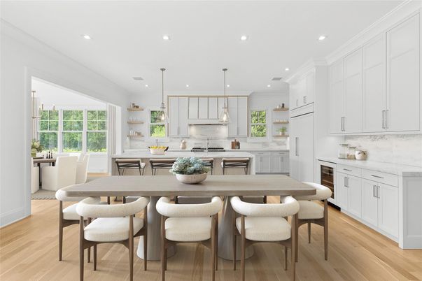 Dining room, Interior, Kitchen, Pendant Lights, Recessed Lighting, Stainless Steel Appliances, Wood Texture Flooring