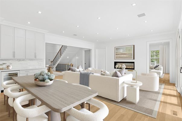 Dining room, Fireplace, Interior, Kitchen, Living room, Recessed Lighting, Wood Texture Flooring
