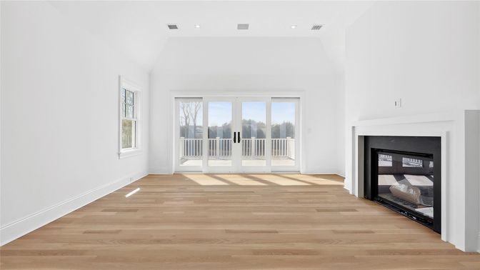 Empty room, Fireplace, Interior, Recessed Lighting, Wood Texture Flooring