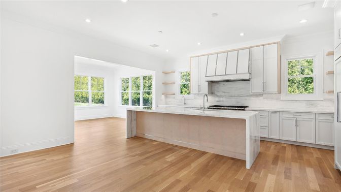 Interior, Kitchen, Marble Walls, Recessed Lighting, Wood Texture Flooring